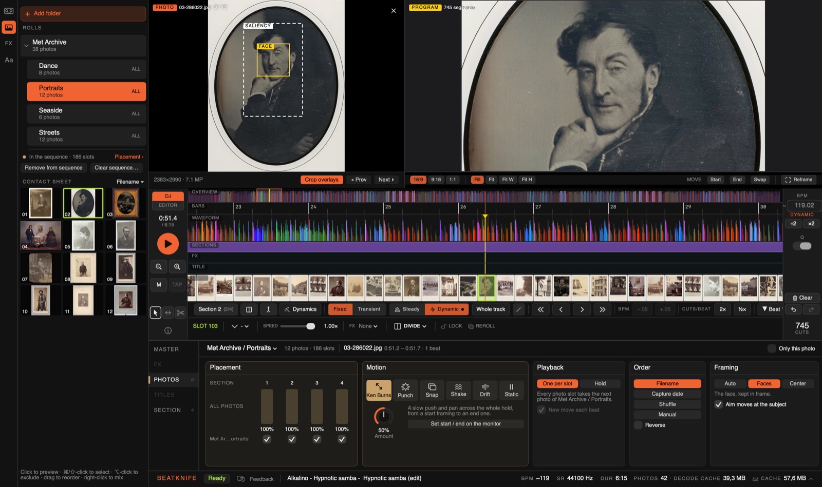 The Beatknife window with a roll of portraits. On the left, the roll tree and its contact sheet. On the source monitor, a portrait with a FACE box and a SALIENCY box; on the program monitor, the same portrait framed on the face. The timeline shows the photo slots as small prints, and the deck's Photos page shows Placement, Motion, Playback, Order and Framing for the roll.