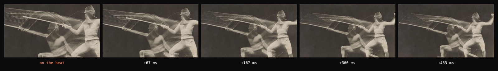 Five program frames of one photo, a motion study of a fencer, across one beat. On the beat the photo is zoomed in; 67, 167, 300 and 433 milliseconds later it eases back out.