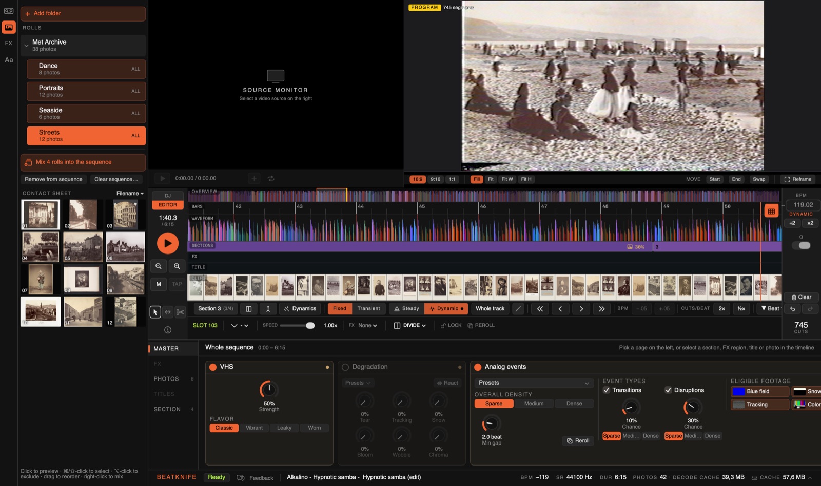 The Beatknife window with an archive added: the roll tree shows Met Archive with Dance, Portraits, Seaside and Streets inside it, four of them selected, and the button Mix 4 rolls into the sequence. The program monitor shows a beach photo through the VHS look; the Editor timeline shows the photo slots as prints; the deck's Master page shows VHS, Degradation and Analog events.