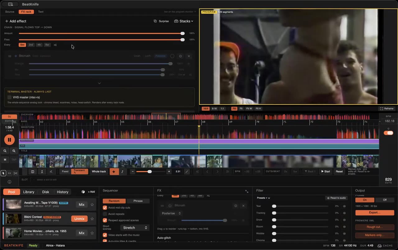 The whole Beatknife window: monitors, beat grid, clip lane and the dock