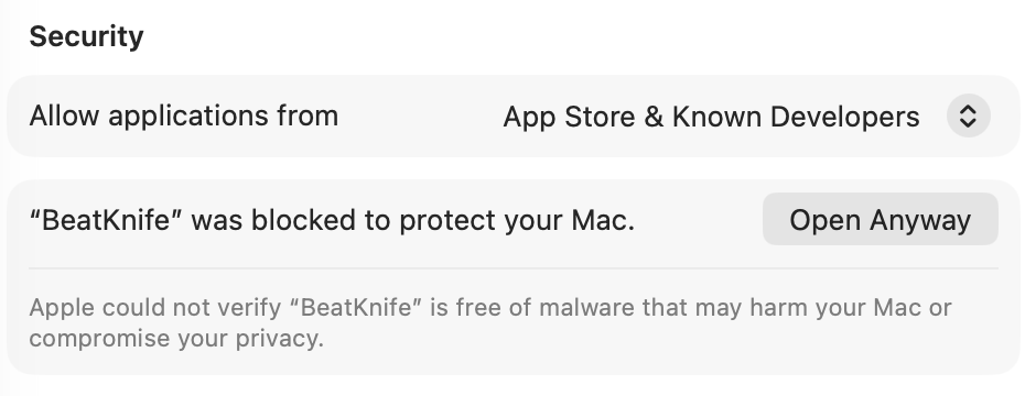 System Settings, Security section: BeatKnife was blocked to protect your Mac, with an Open Anyway button