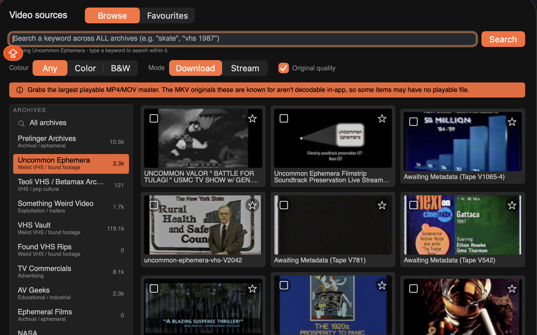 The Video sources browser: a keyword search across archive.org collections, with Prelinger, Uncommon Ephemera and VHS Vault in the list