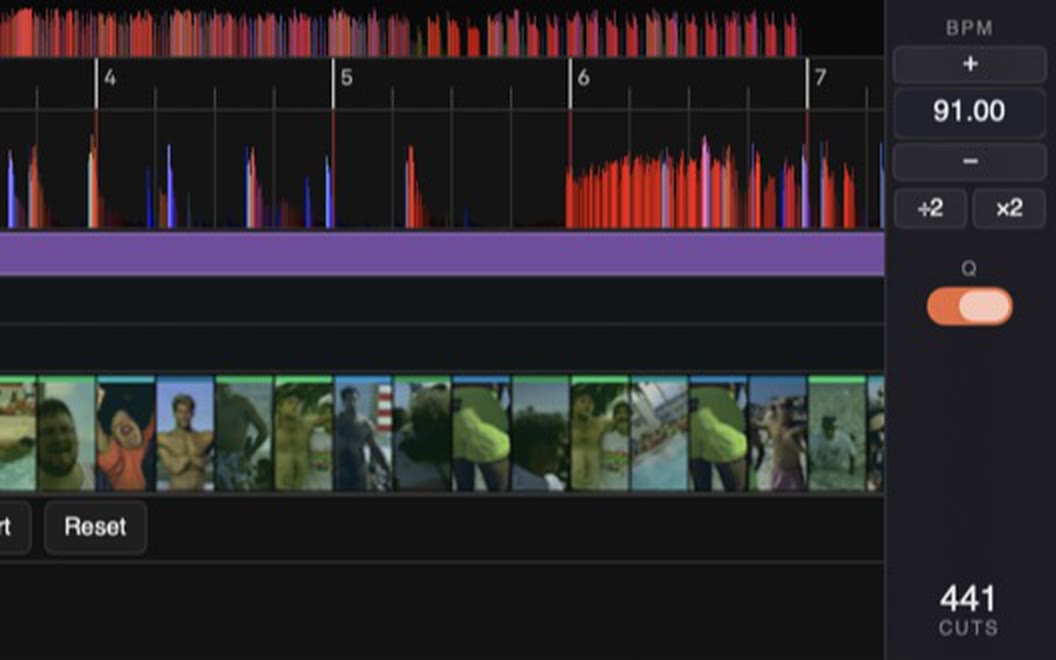 The beat grid: bar numbers over a waveform, a strip of clips cut on every beat, BPM 91.00 and 441 cuts in the side panel