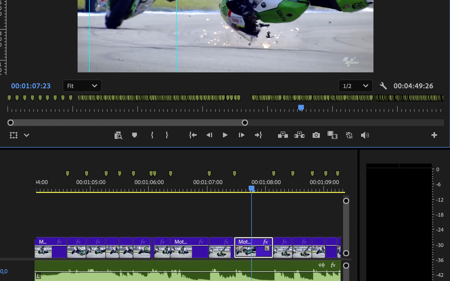 The same cut opened in Adobe Premiere: every beat is a marker, every slot is a clip on V1