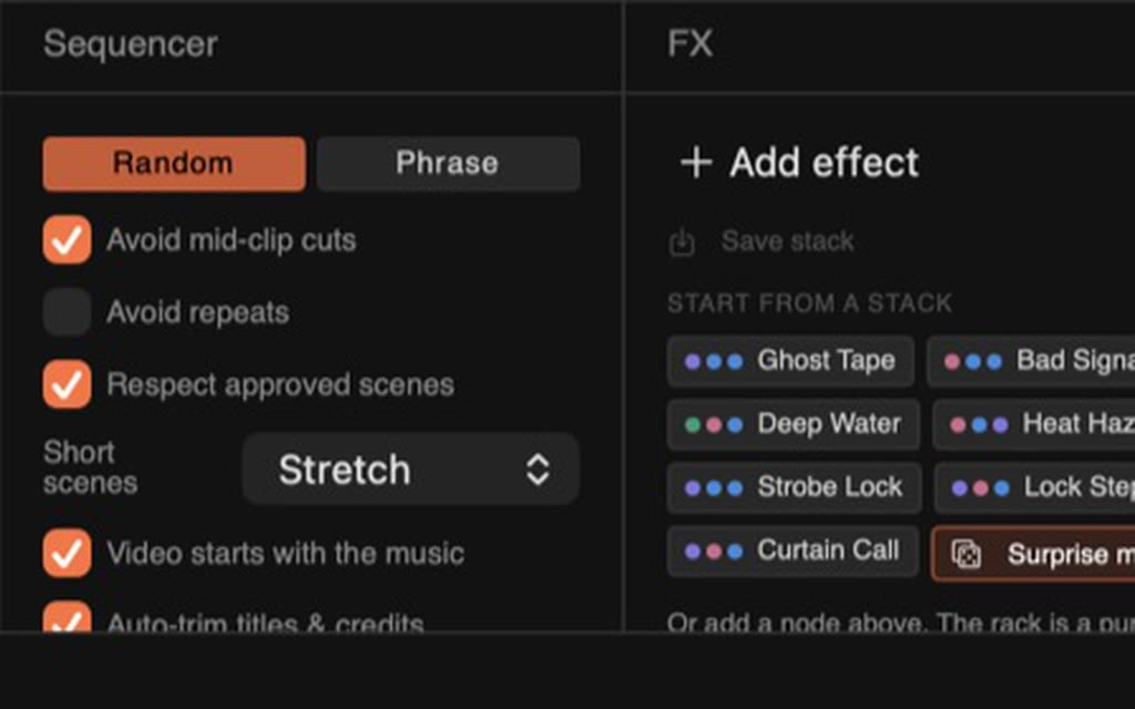 The Sequencer dock: Random and Phrase modes, Avoid mid-clip cuts, Respect approved scenes and Short scenes set to Stretch, with the FX panel's preset stacks beside it