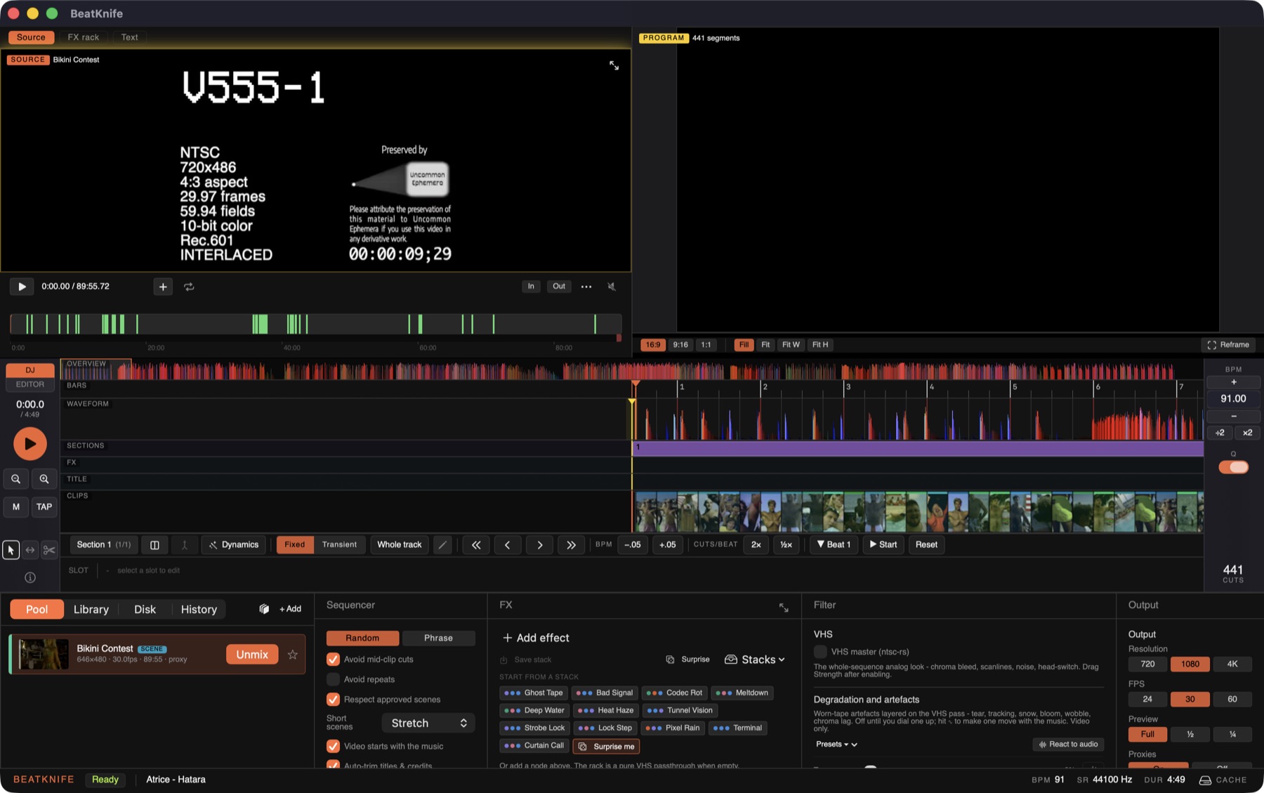 The Beatknife timeline: a song's waveform, bars, and a strip of clips cut on every beat