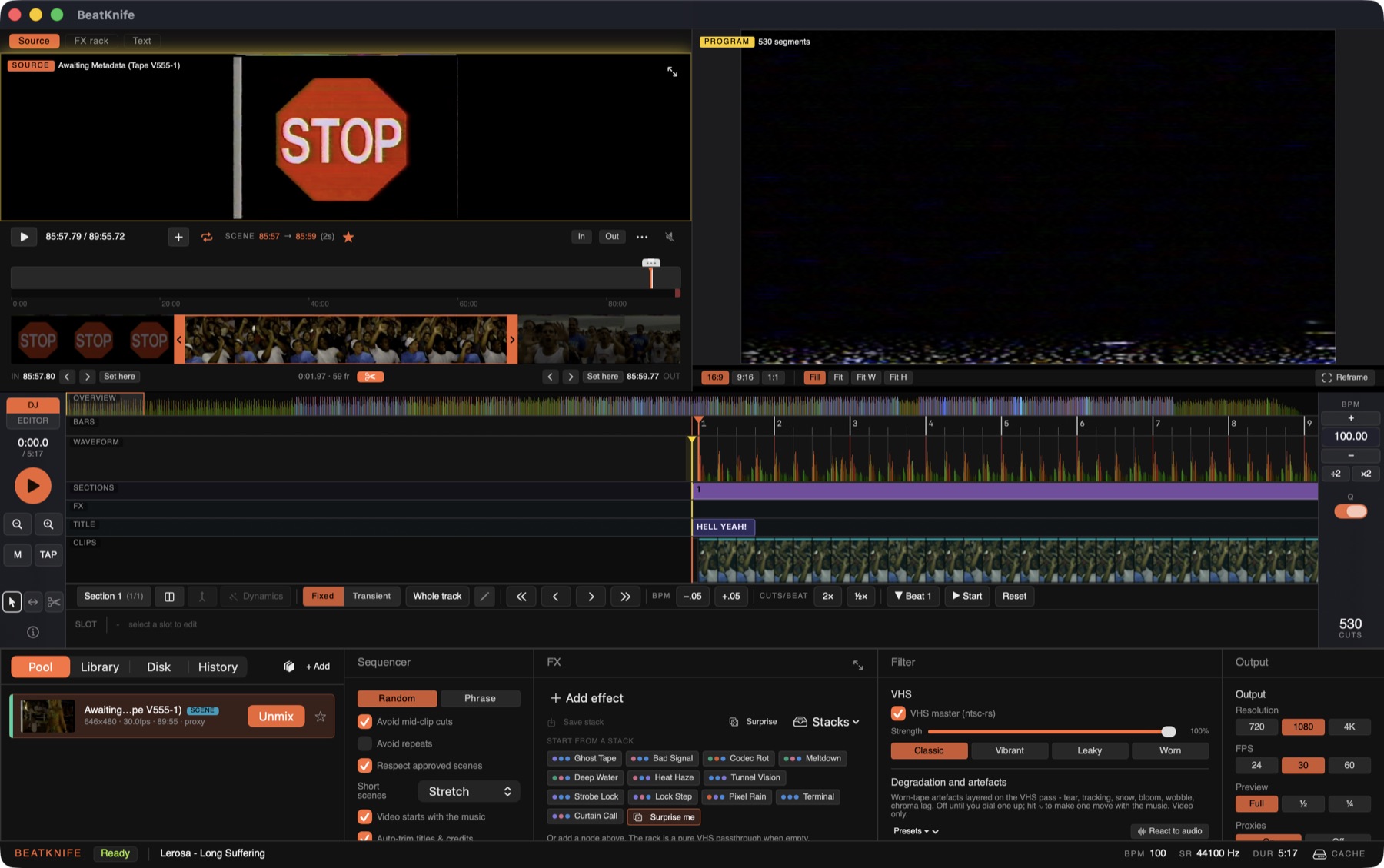 The scene trimmer: a filmstrip with In and Out handles under the source monitor